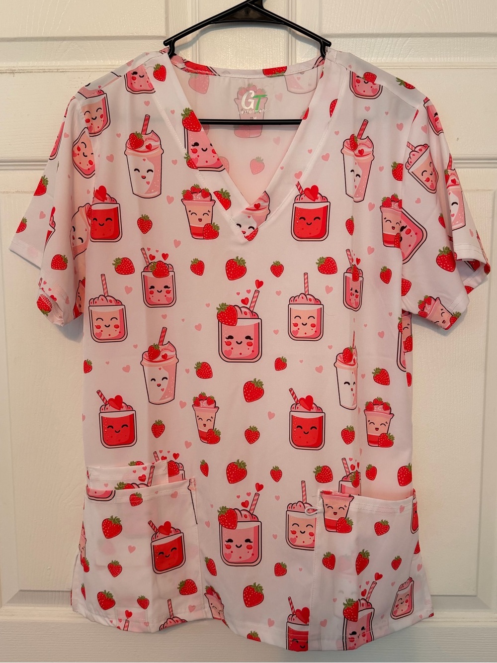 Strawberry boba tea Print Scrub Top - Pink White